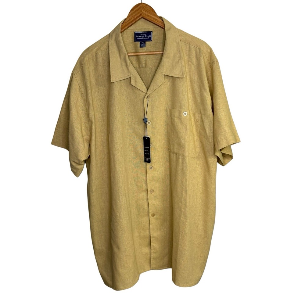 Sahara Club Mens Shirt 4XL Brown Tan Button Up Short Sleeve Linen Collar Beachy